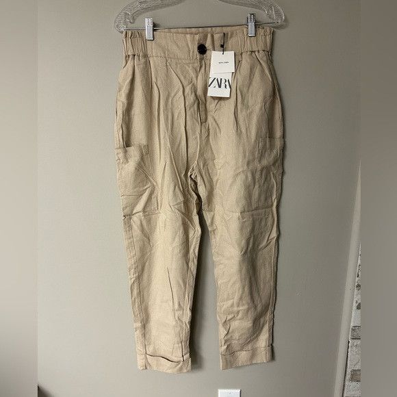Zara Zara Khaki Linen Paper Bag Pants Size 27" / US 4 / IT 40 - 1 Thumbnail
