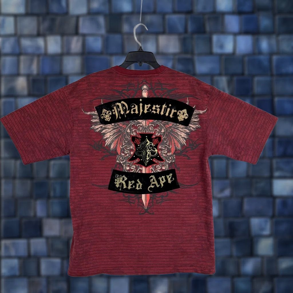 Vintage Red Ape Shirt Mens 2XL Red Majestic Gothic Crest Graphic Tee Street Y2k Edgy Mens Front Back Graphic Tee Size US XXL / EU 58 / 5 - 1 Thumbnail