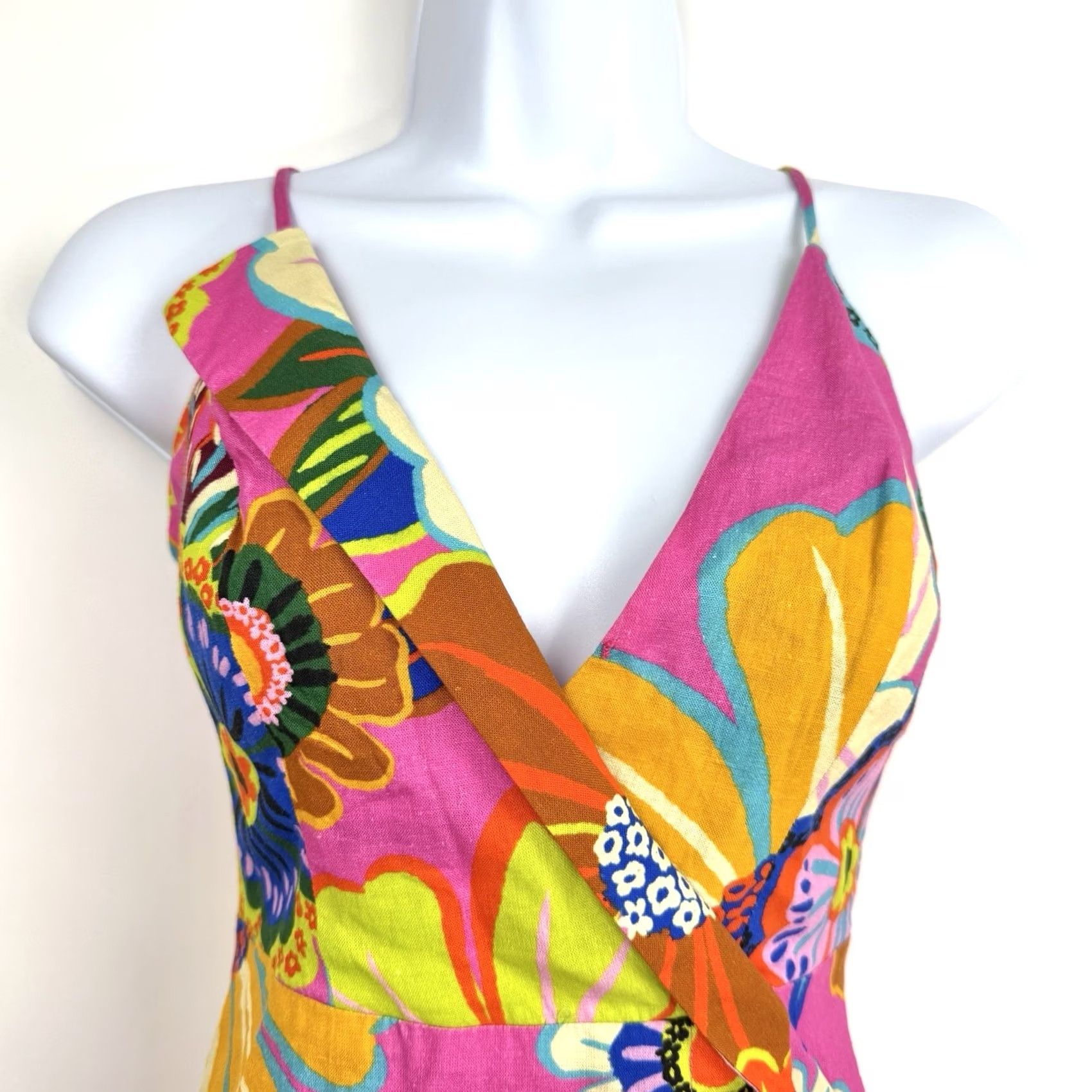 Farm Rio Farm Rio Dress Mini Sleeveless Linen V-Neck 2XS Multicolor Bohemian Flower Floral Side Zip Lined Size XXS / US 00 / IT 34 - 2 Thumbnail