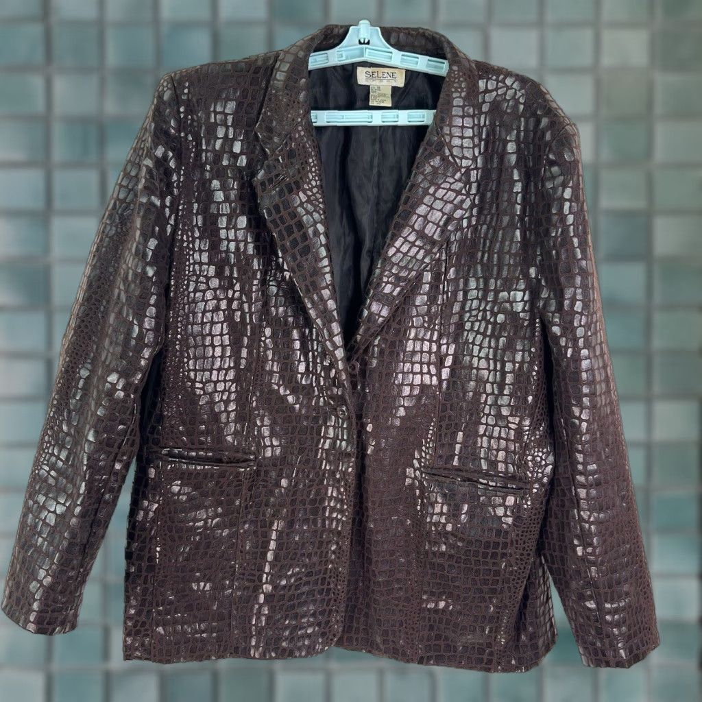 Vintage Selene Brown Reptile Notch Single Breast Faux Leather Jacket Size 18 Womens Jacket Blazer 18 Size XXL / US 16-18 / IT 52-54 - 1 Thumbnail