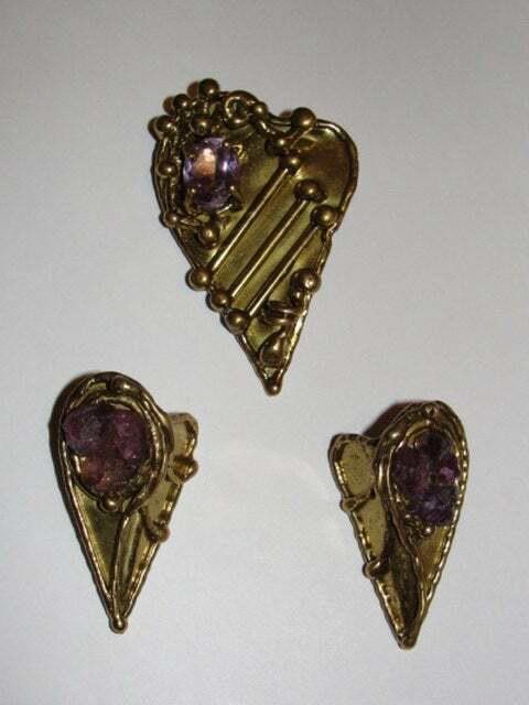 Handmade Hand made Brass and Amethyst Heart Set Pin and Earrings Size ONE SIZE - 1 Thumbnail