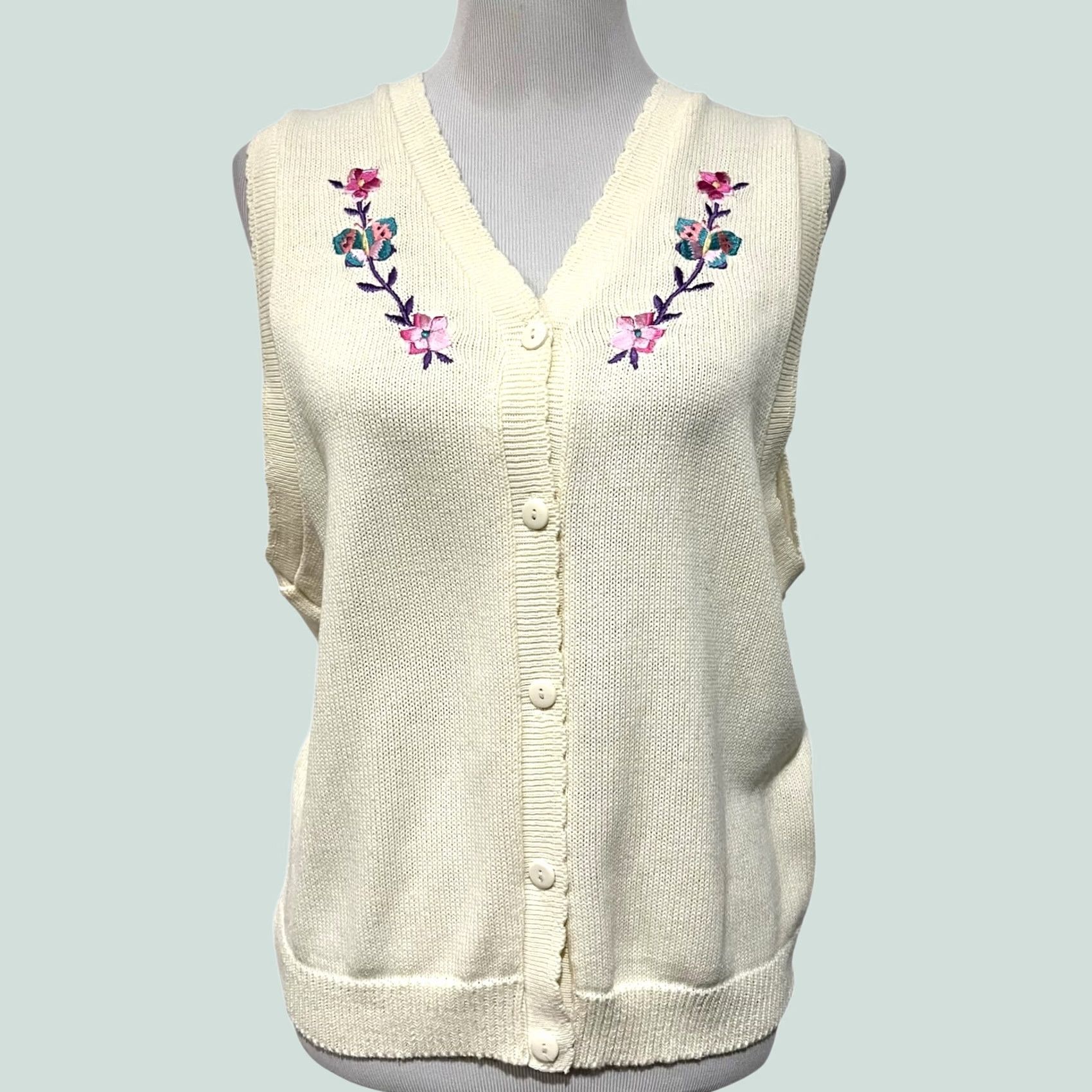 Vintage VINTAGE Women’s Sweater Vest Floral Embroidered Ivory Cream S.G. Sport Sz L USA Size M / US 6-8 / IT 42-44 - 1 Thumbnail
