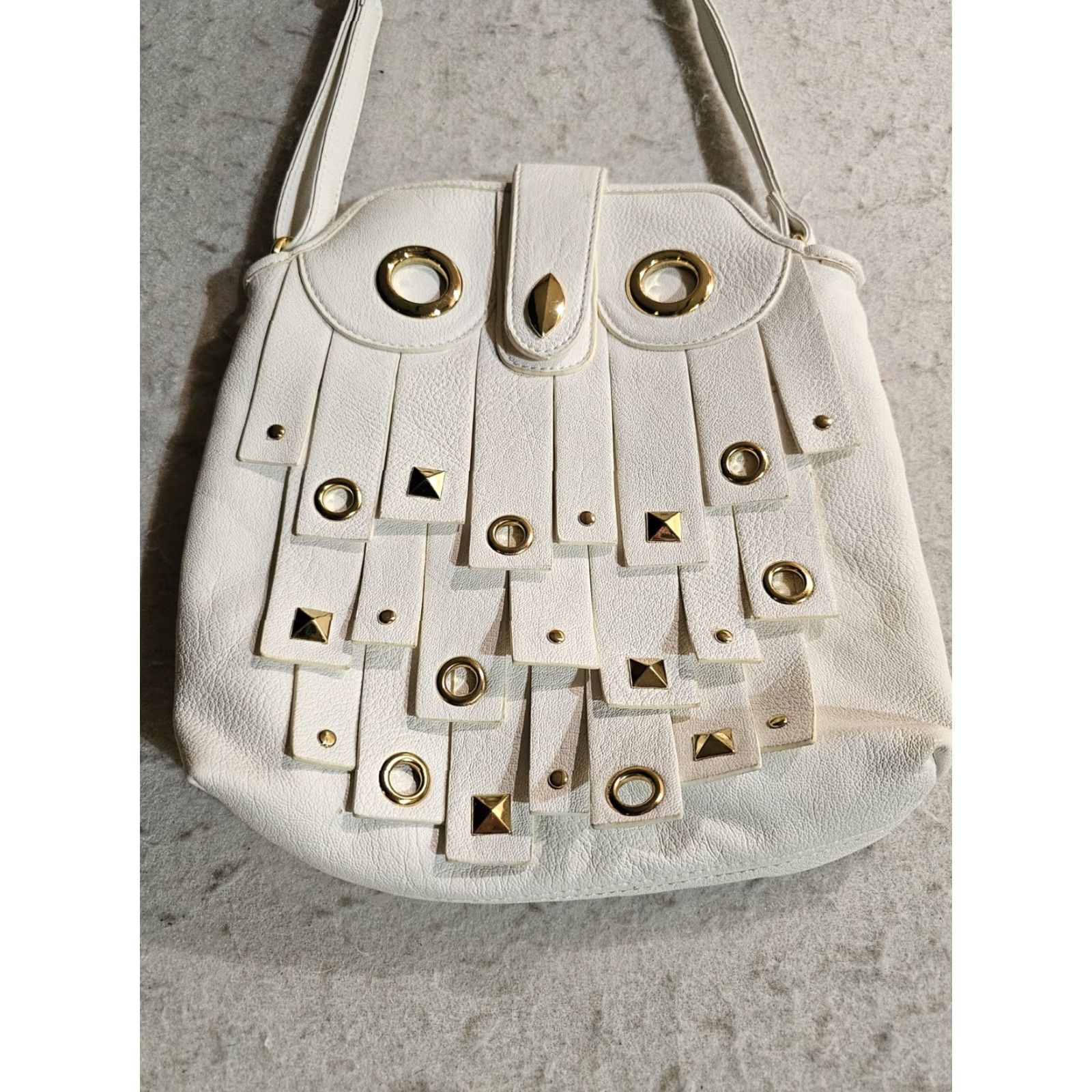 Vintage VINTAGE Rara Avis by Iris Apfel Handbag Owl Purse White With Gold Accents Beaded Faux Leather Womens M Bag Size ONE SIZE - 4 Thumbnail