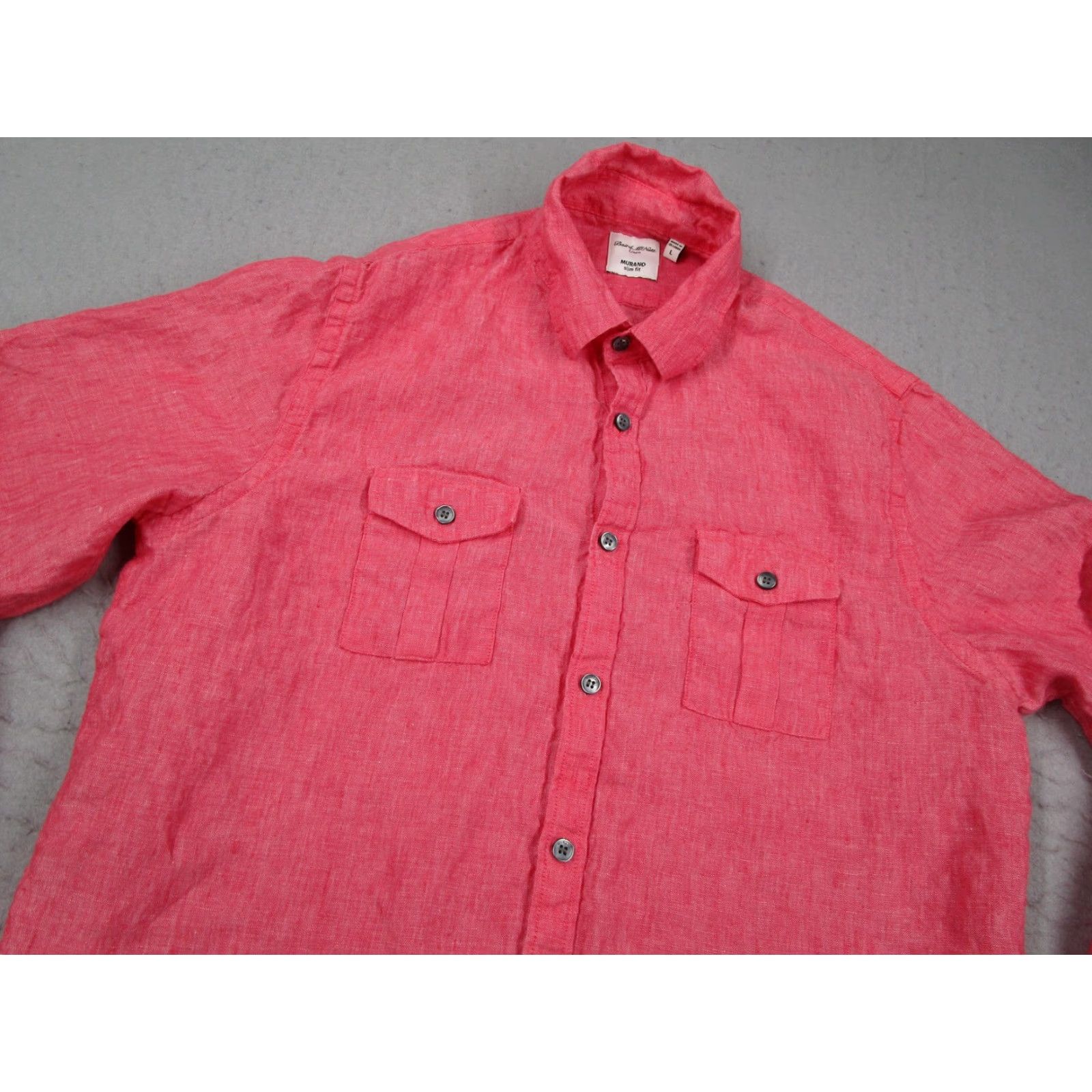 Murano Murano Shirt Mens L Red Slim Linen Button-Up Long Sleeve Pockets Breathing Lightweight Casual 100% Linen Size US L / EU 52-54 / 3 - 2 Thumbnail