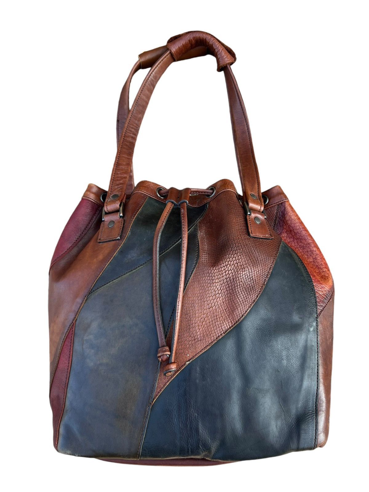 Leather Vintage K. Murata Japan Fade Patina Patchwork Tote Bag Size ONE SIZE - 11 Thumbnail