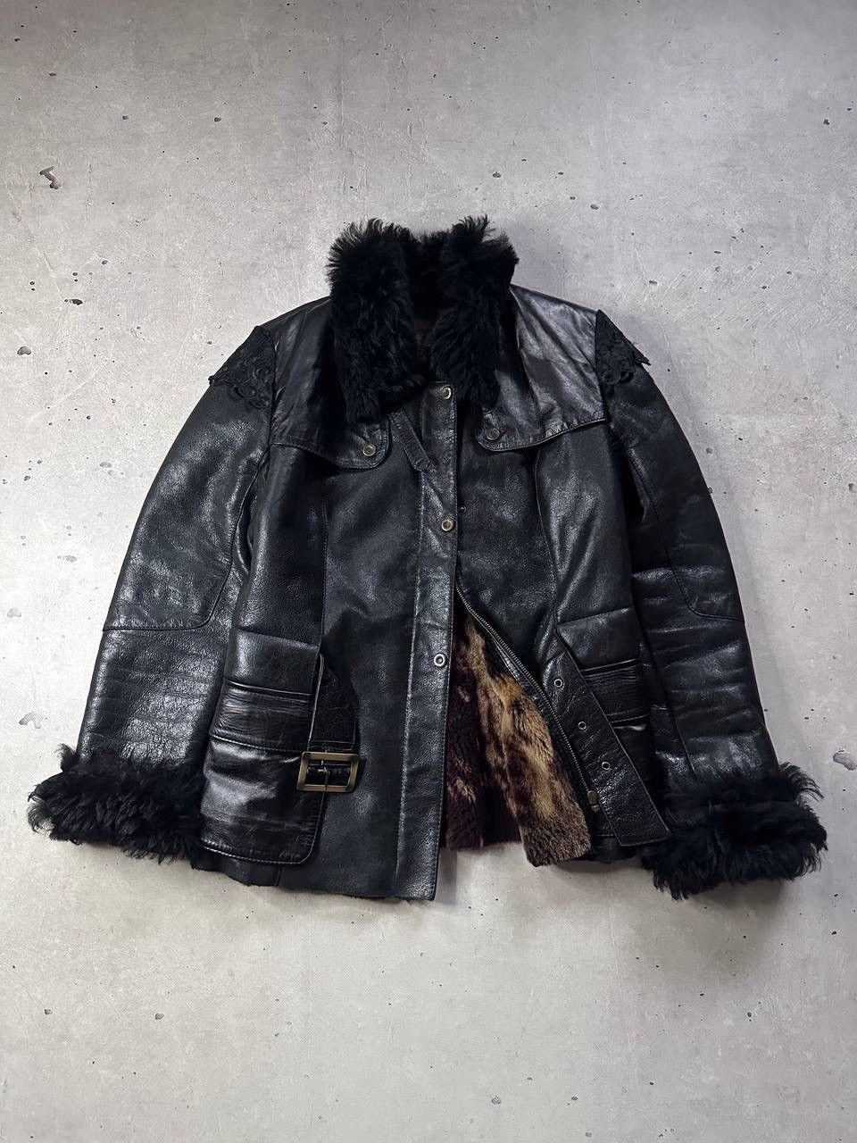 Leather Aspelle Vintage Women’s Leather Fur Coat Black GB12 M-L Y2K Size M / US 6-8 / IT 42-44 - 2 Thumbnail