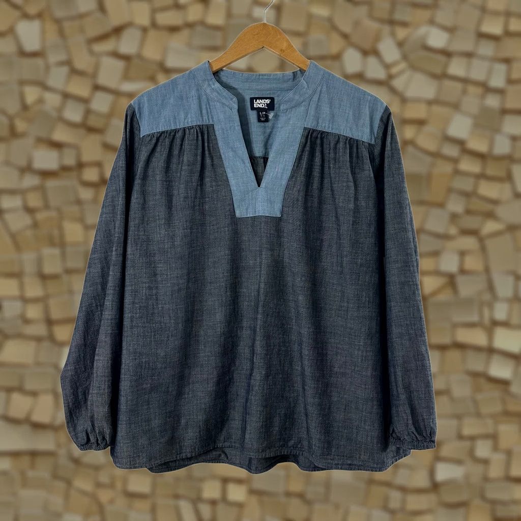 Lands' End Lands End Women Blue Chambray Top Size LP Size XL / US 12-14 / IT 48-50 - 1 Thumbnail