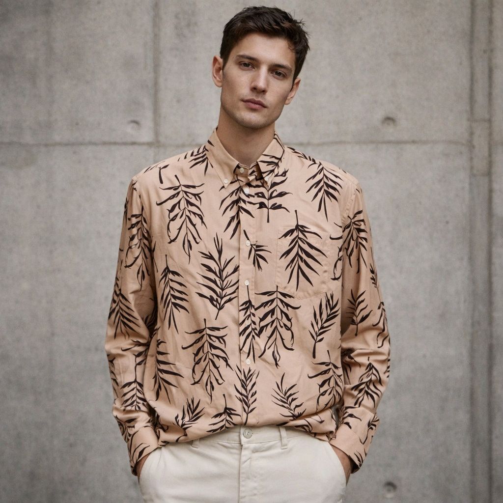 Schnaydermans Schnayderman's Leisure Button Down Shirt Beige Brown leaf Size US M / EU 48-50 / 2 - 1 Thumbnail