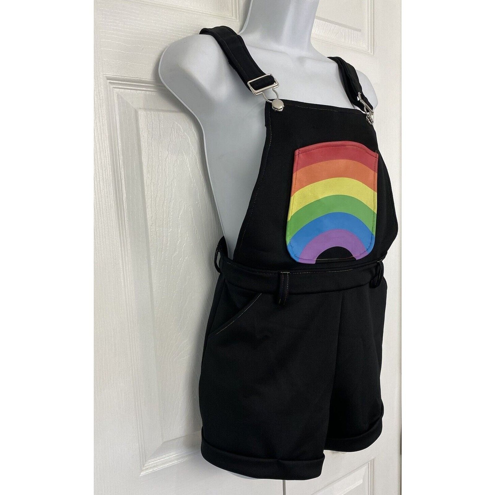 Other Hot Topic Rainbow Black Shortalls Rainbow Thread Overalls Size 28" / US 6 / IT 42 - 3 Thumbnail