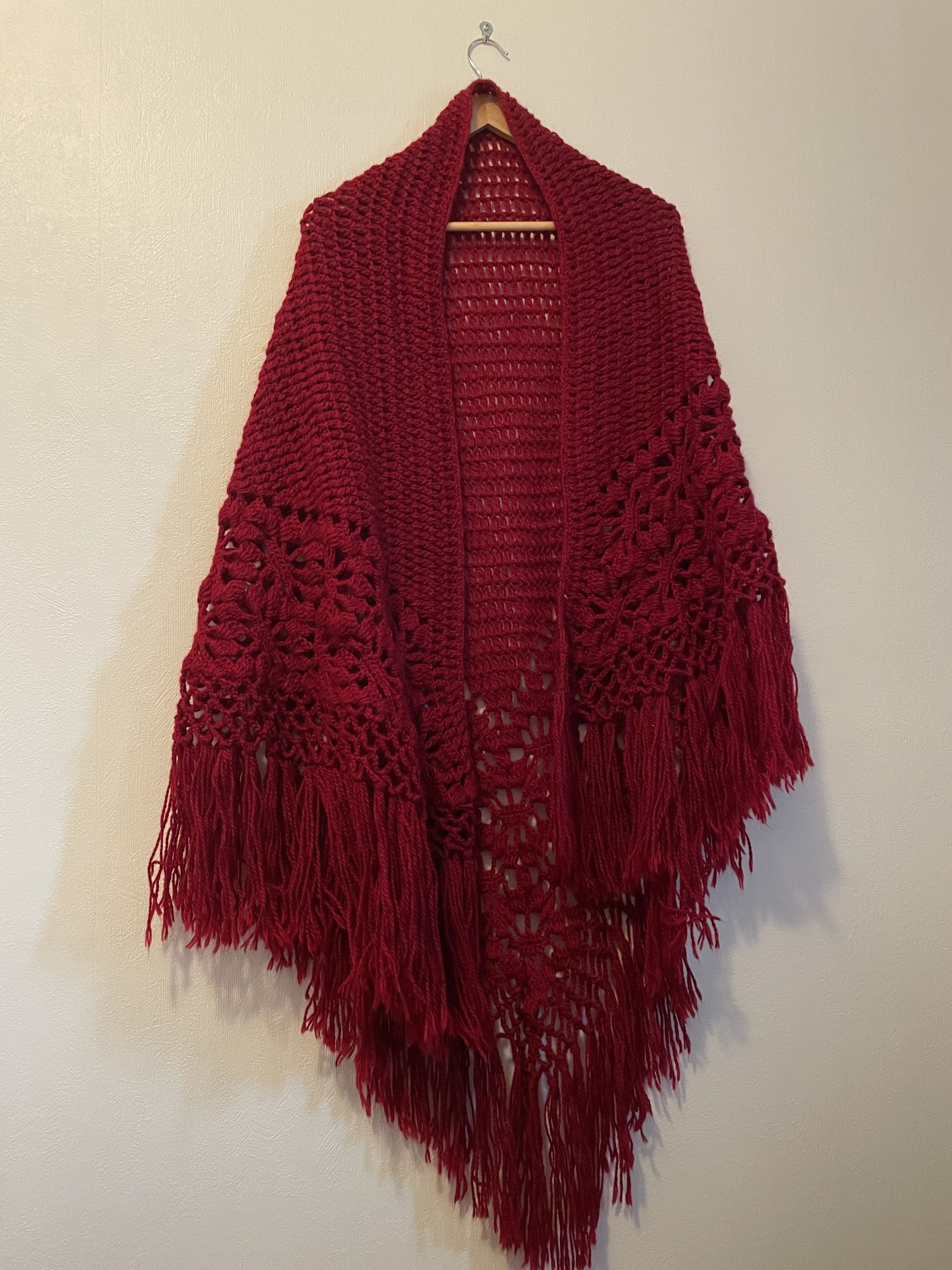 Other Vintage Hand-Crocheted Red Fringed Shawl / Wrap Size ONE SIZE - 1 Thumbnail