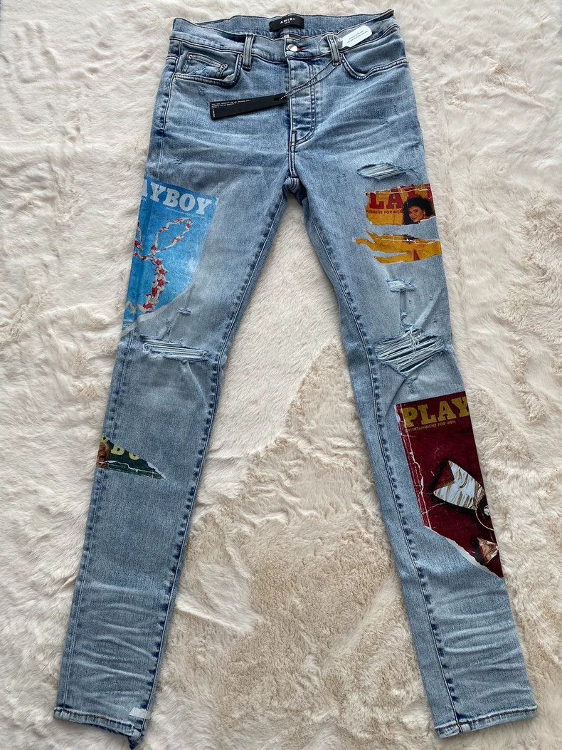 Amiri Amiri Washed Blue Playboy Logo Printed Destroyed Jean Size US 32 / EU 48 - 1 Thumbnail