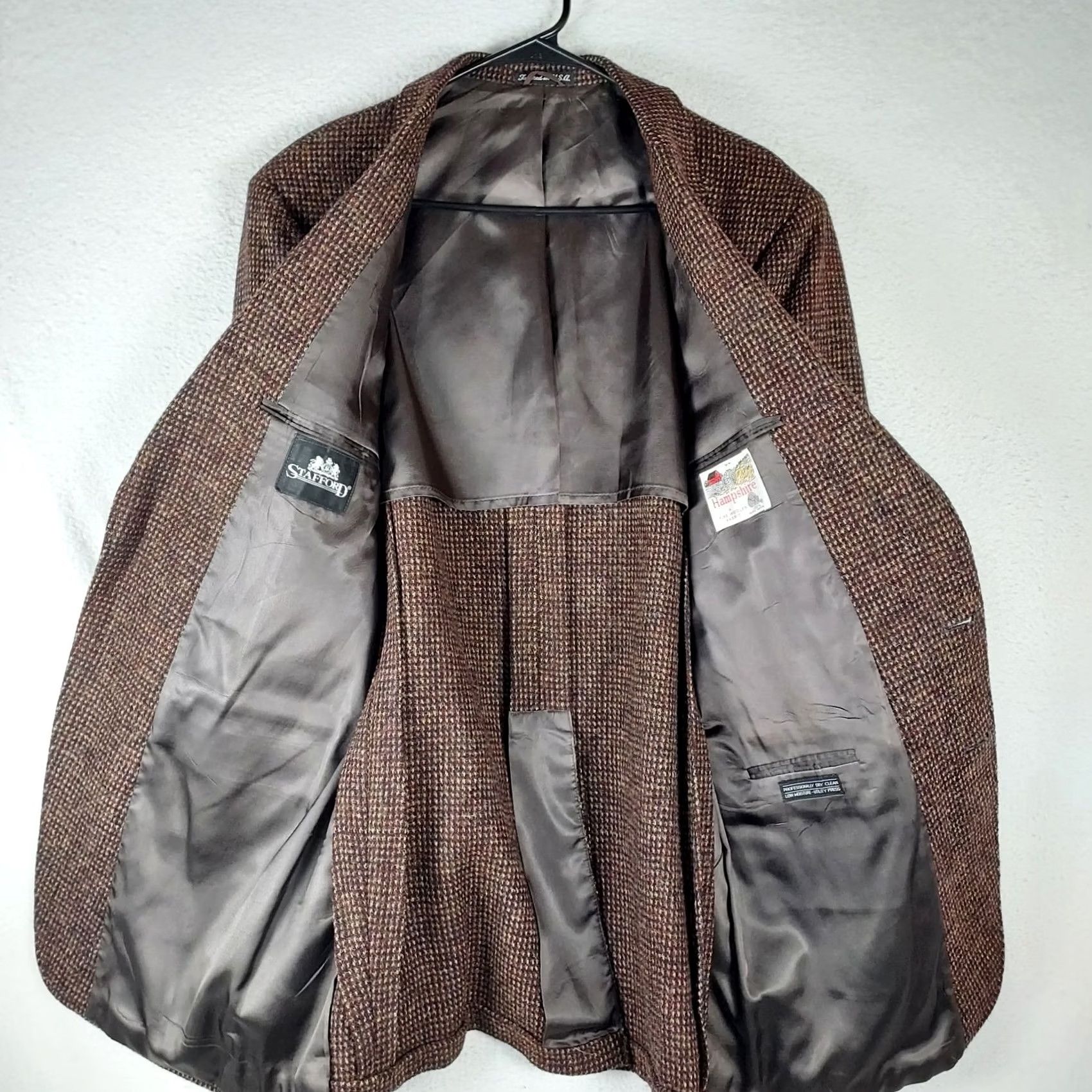 Stafford Stafford Wool Blazer 100% Pure Wool Brown Tweed Check Single‑Breasted 2‑Button Notch Lapel Mens Jacket 44R USA Size 44R - 3 Thumbnail