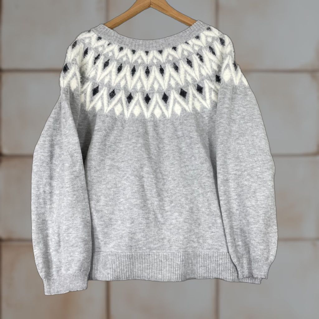 Vintage Maurices Sweater Womens Large Gray Fair Isle Fuzzy Yoke Knit Pullover Size L / US 10 / IT 46 - 1 Thumbnail