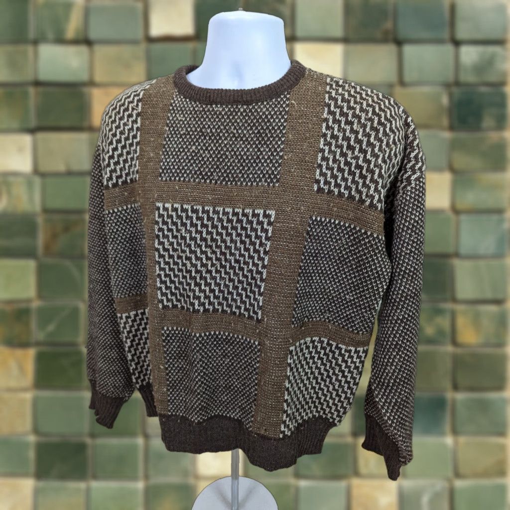 Vintage VINTAGE 80s Long Sleeve Plaid Check Grandpa Sweater Brown Men's L C1M Pullover Knit Shirt? Size US L / EU 52-54 / 3 - 1 Thumbnail
