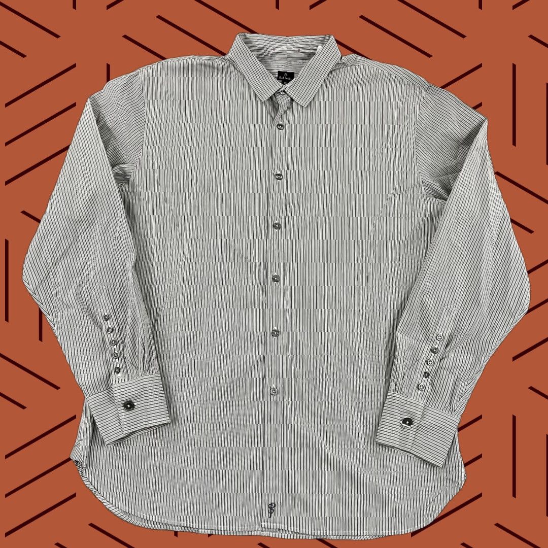 Paul Smith Shirt Mens XL Gray Pinstriped Button Up Long Sleeve Lots of Buttons