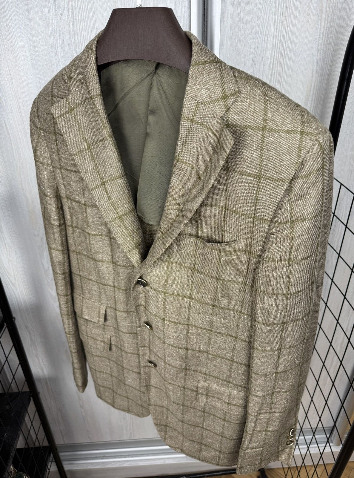 Doriani Doriani Milano beige checkered unlined linen wool blazer Size 44R - 6 Thumbnail