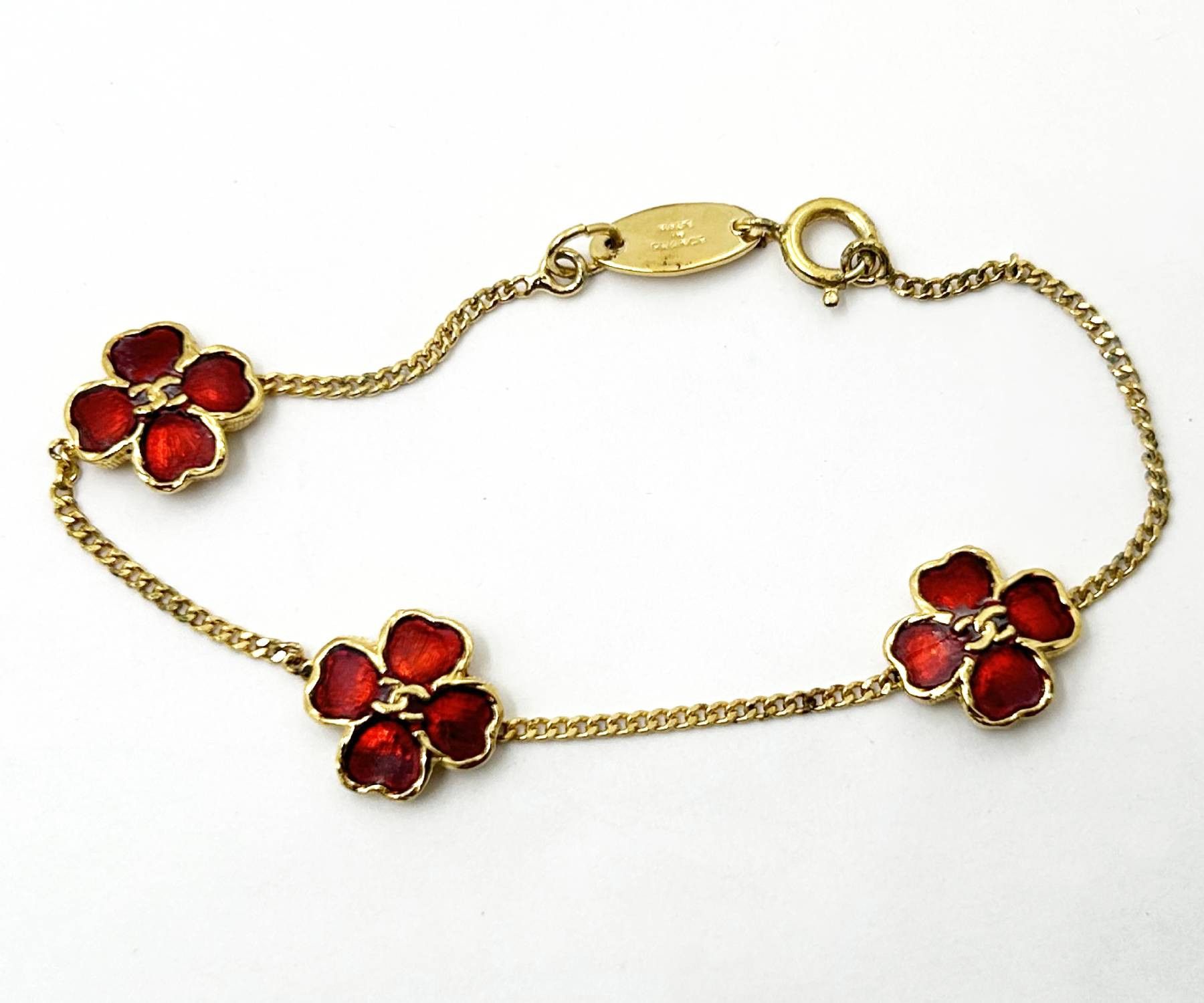 Chanel Chanel Rare Vintage Gold Plated CC 3 Red Flower Bracelet Size ONE SIZE - 1 Thumbnail