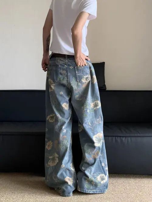 Japanese Brand × Jean Washed floral print design baggy jeans Size US 33 - 3 Thumbnail