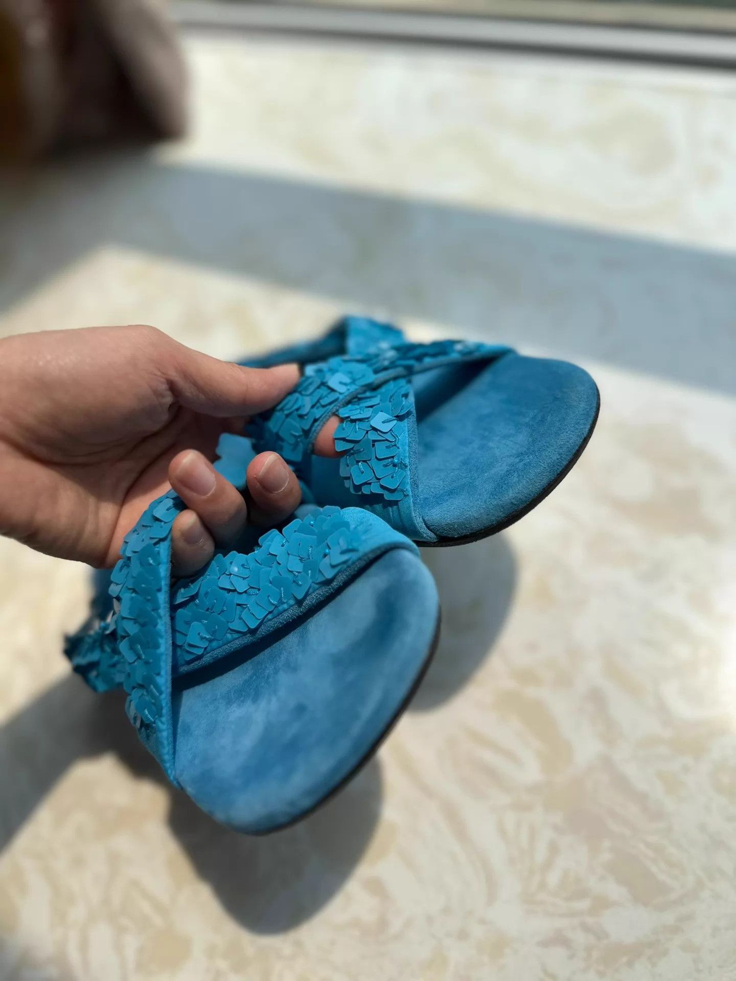 Dries Van Noten DVN Sandals 37 Frozen Floral Square Sequins Suede 95New Size US 6.5 / IT 36.5 - 2 Thumbnail