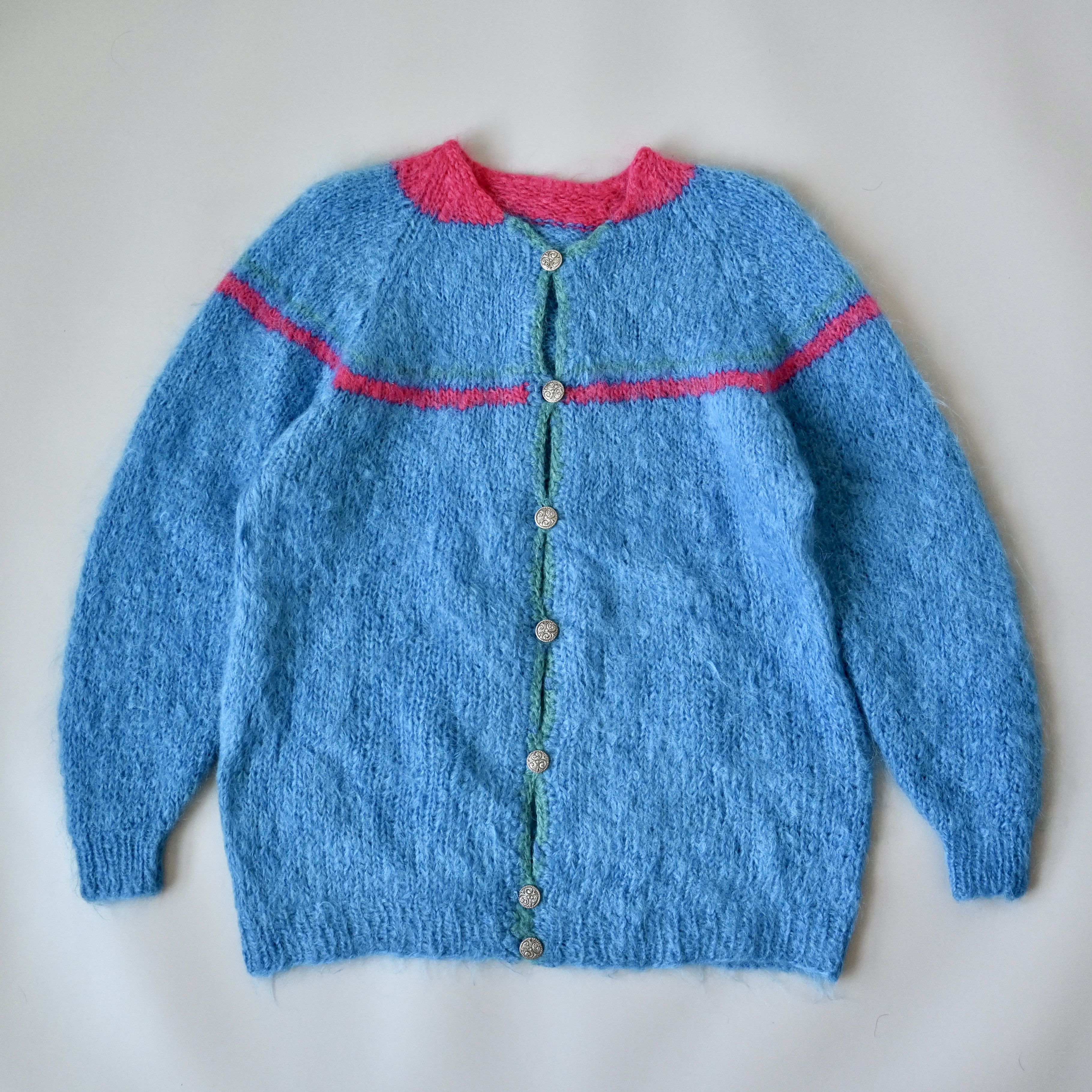 Handmade Vintage 1980 - 90s Mohair-mix knit cardigan, mens L Size XXL / US 16-18 / IT 52-54 - 1 Thumbnail