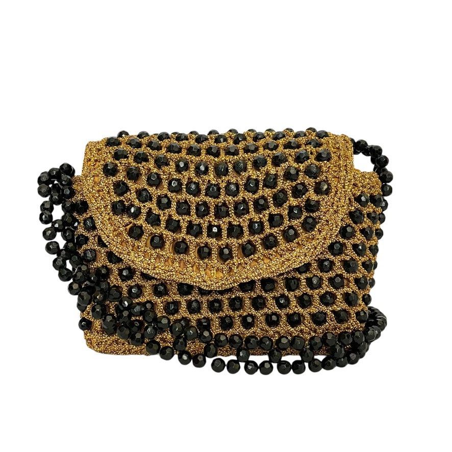 Vintage Vintage Italian Gold Crochet Black Bead Glam Evening Bag Size ONE SIZE - 1 Thumbnail