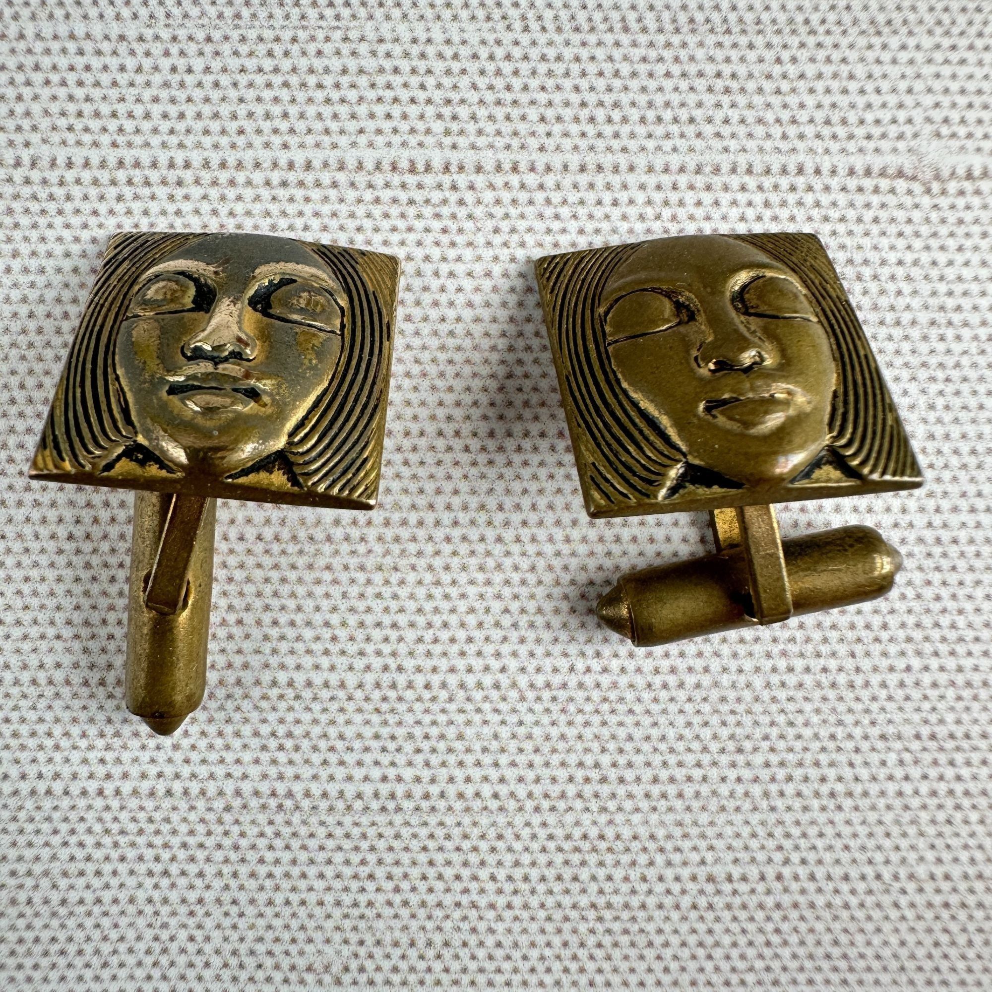 Vintage 1960s Brass Face Brutalist Cufflinks Artisan Size ONE SIZE - 6 Thumbnail