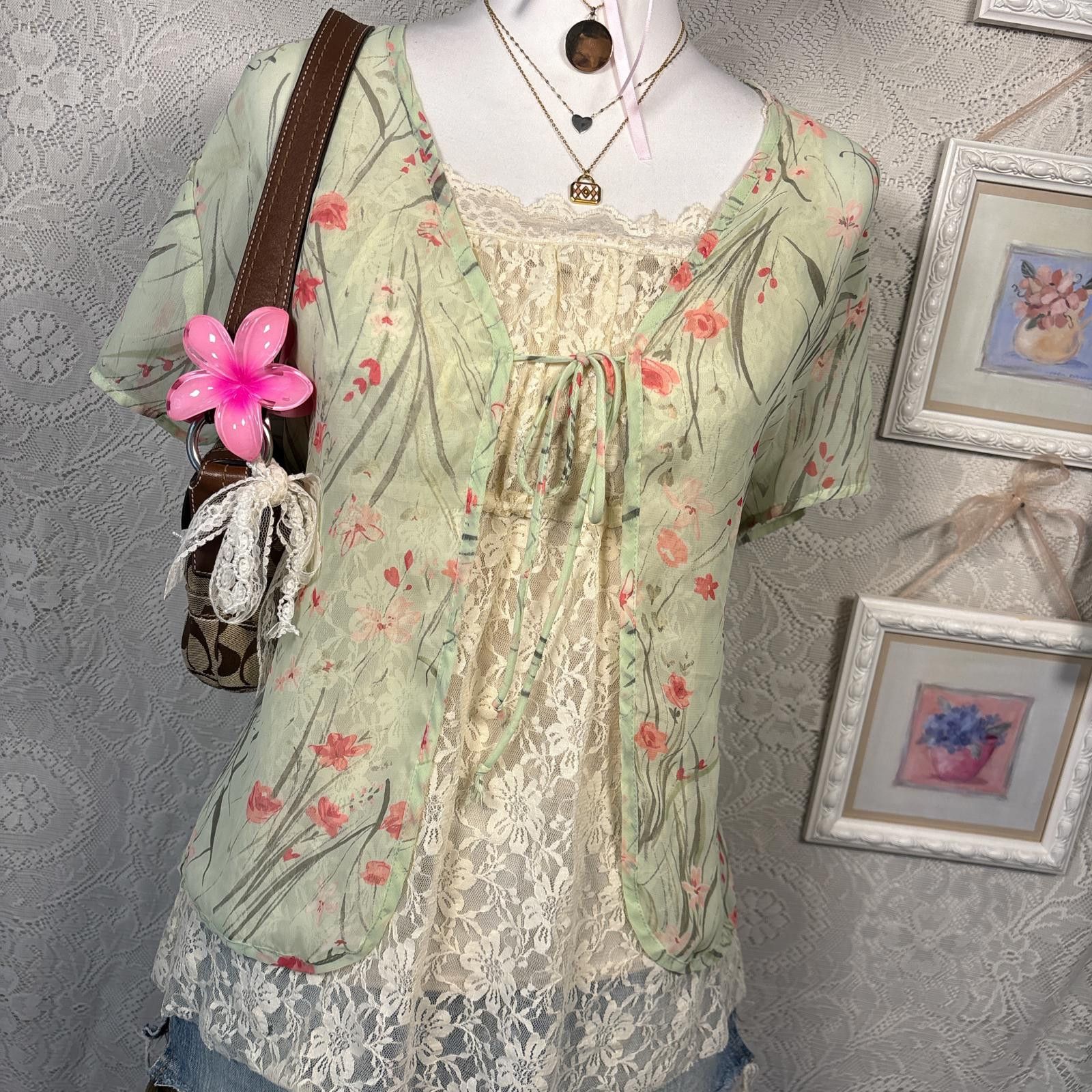 Other y2k floral fairy core sheer tie blouse Size M / US 6-8 / IT 42-44 - 4 Thumbnail