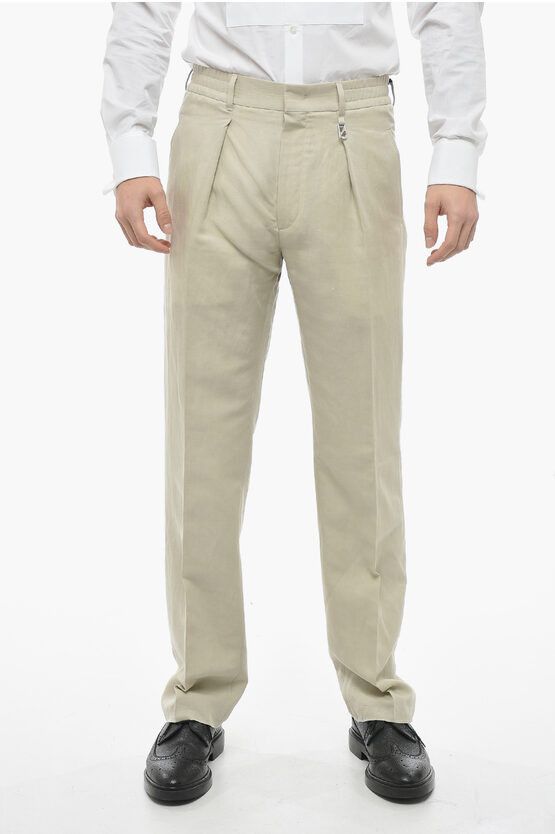 image of Fendi Flax Blend O Lock Pants With Elastic Waistband in Beige, Men's (Size 33)