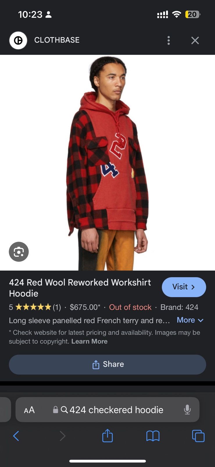 image of 424 On Fairfax 424 Red Wool Reworked Workshirt Hoodie, Men's (Size Medium)