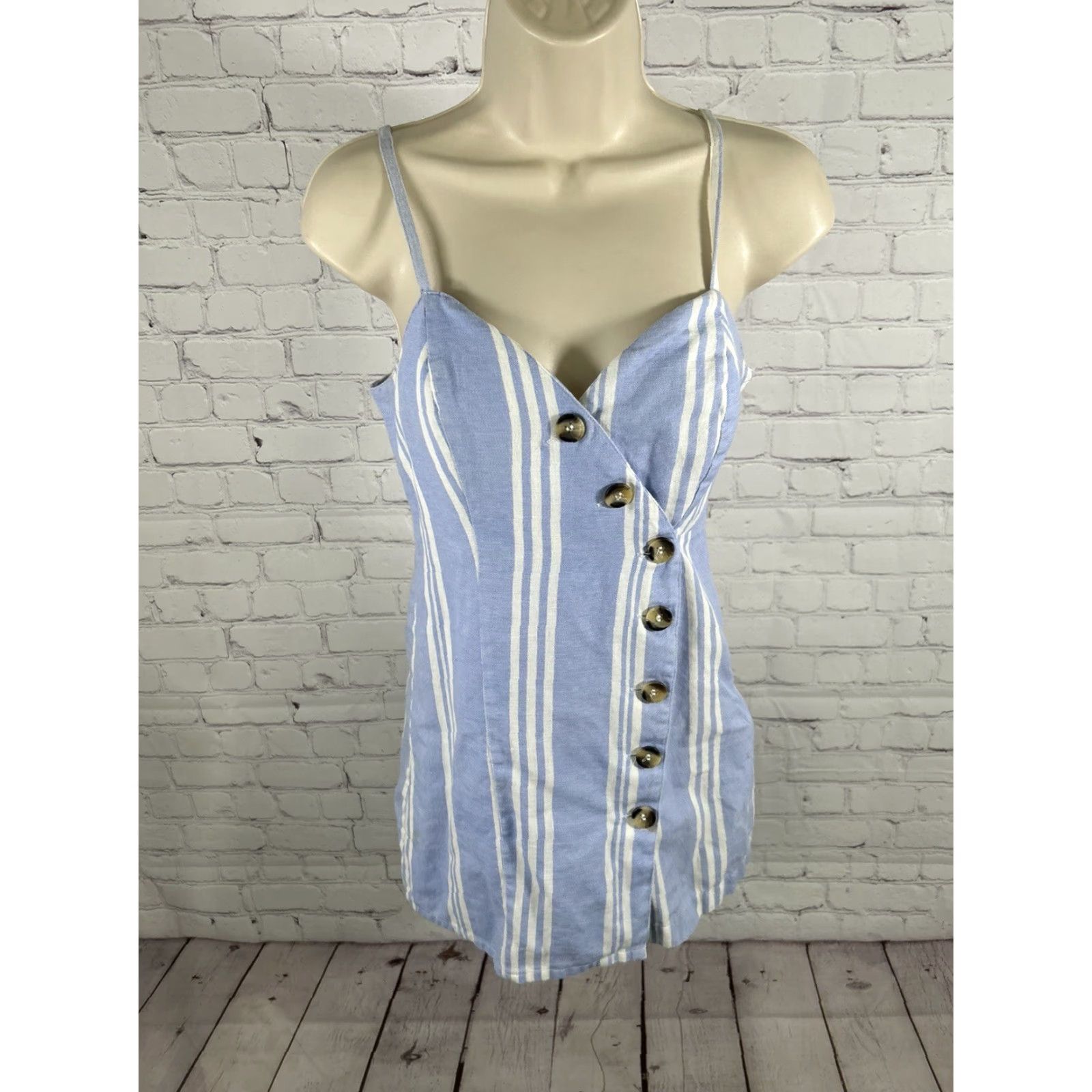 Vintage Japna Romper Linen Blend Striped Button Front Blue White Sleeveless V Neck XS Size 26" / US 2 / IT 38 - 2 Thumbnail