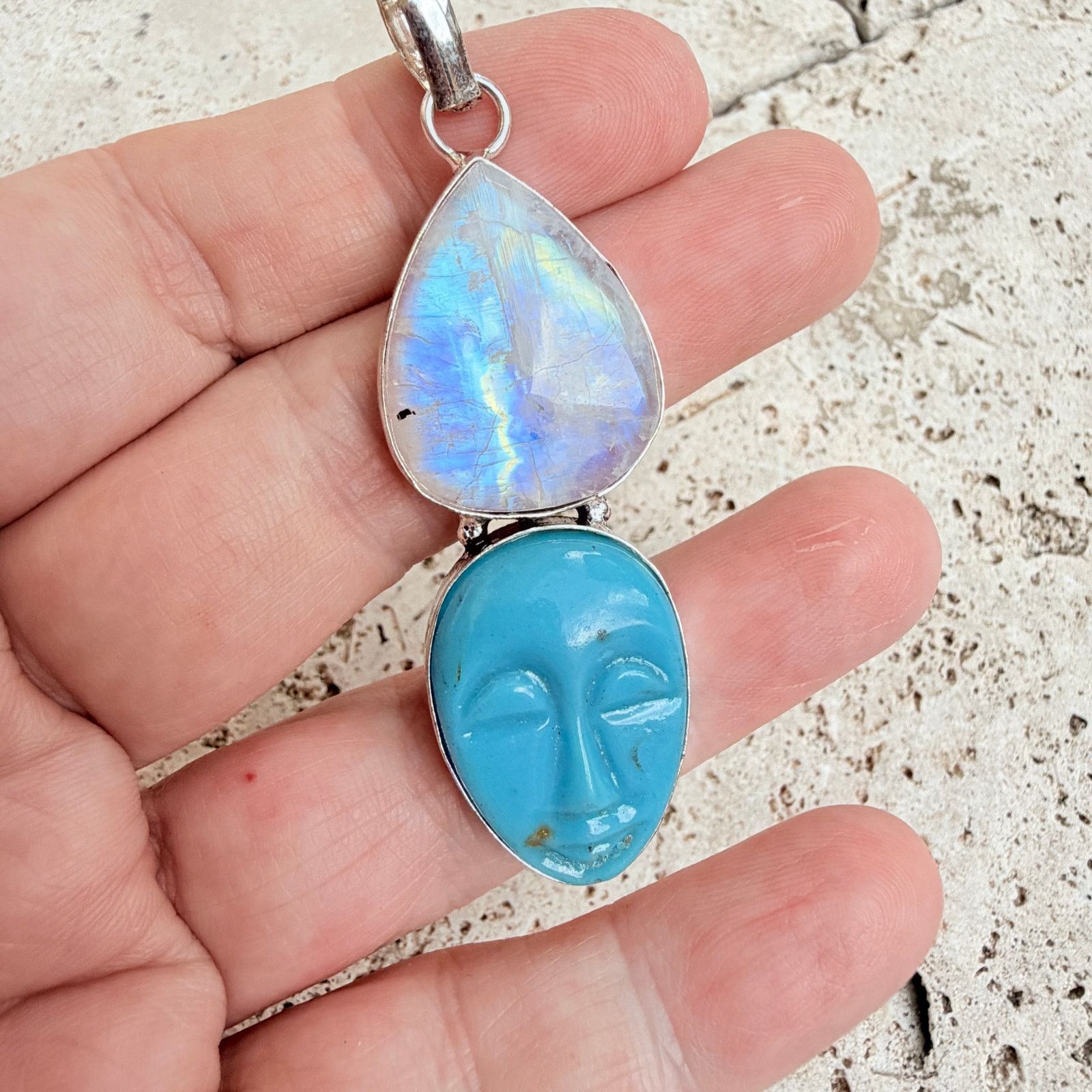 The Unbranded Brand Rainbow Moonstone Moon Face Blue Agate Pendant 925 Overlay Size ONE SIZE - 1 Thumbnail