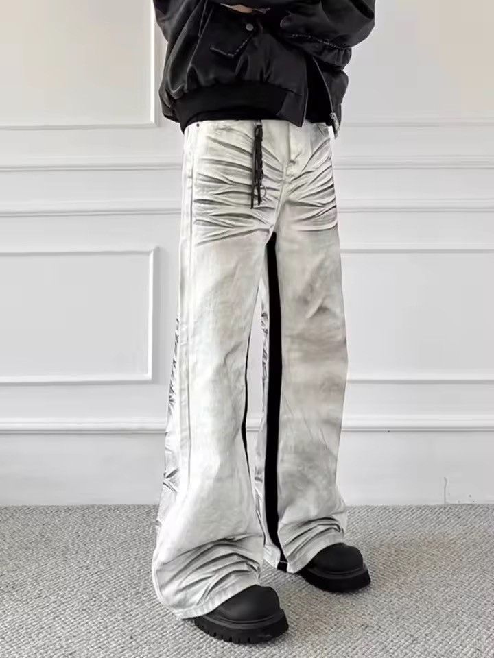 Japanese Brand Stacked Ruched Flare Denim – White Grey Wash Cargo Carpenter Size US 27 - 6 Thumbnail