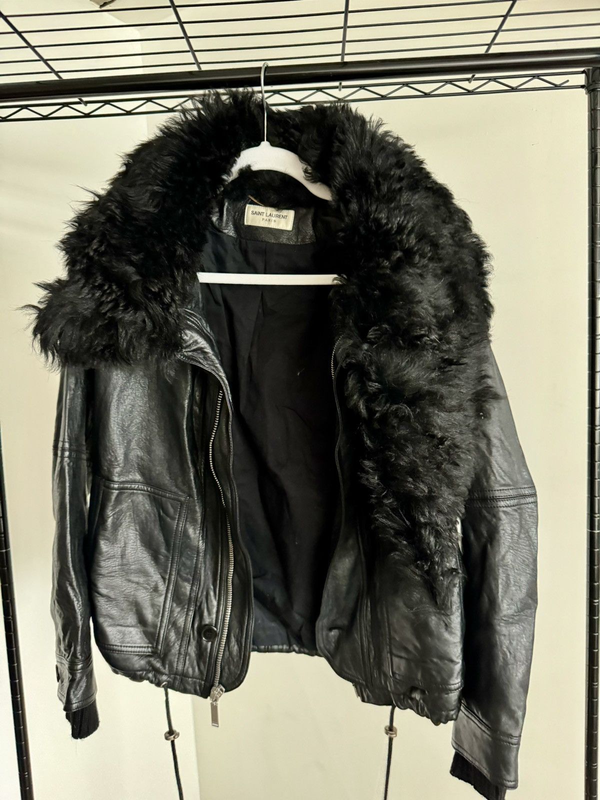 Saint Laurent Black Leather Jacket with Removable Fur Collar