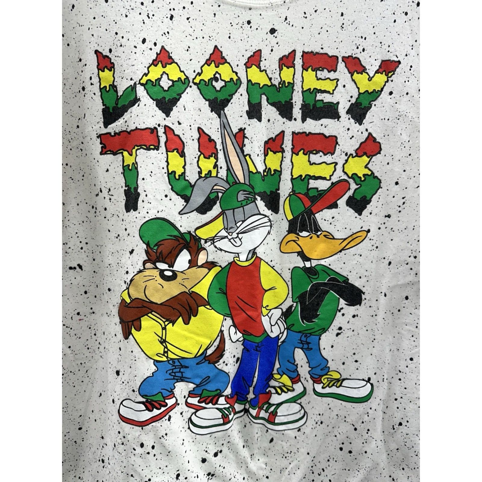 Vintage Warner Bros Looney Tunes T-Shirt Short Sleeve XL White Retro Rasta Black Splatter Bugs Bunny Daffy Duck Tasmania Devil Cartoon Classic Hip Hop Size US XL / EU 56 / 4 - 2 Thumbnail