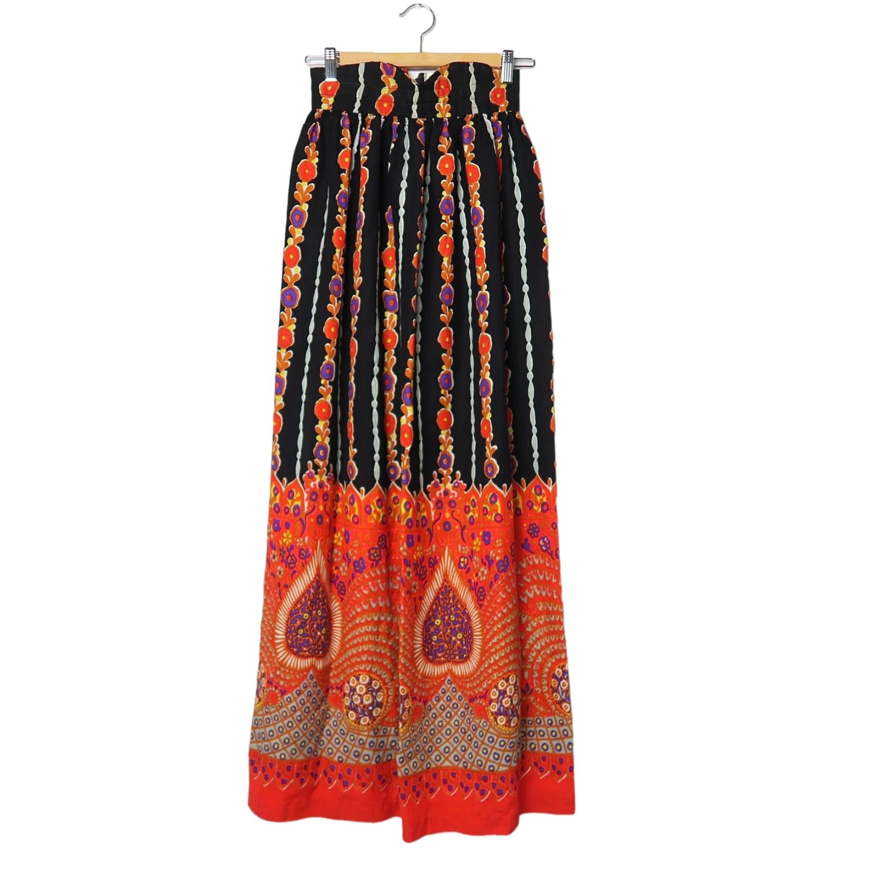 Vintage VINTAGE 70s bohemian floral barkcloth maxi skirt XS Black Purple Orange Casual Hippy 1970s Womens Size 42" / US 20 - 2 Thumbnail