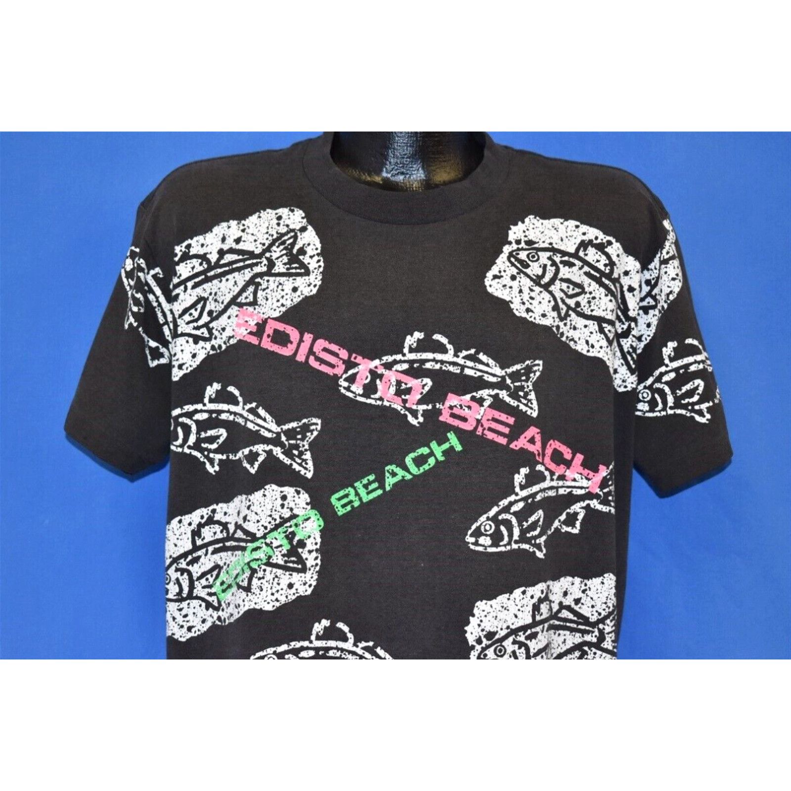 image of Vintage VTG 90's Edisto Beach Neon South Carolina Fish All Over Print Black T-Shirt XL in White