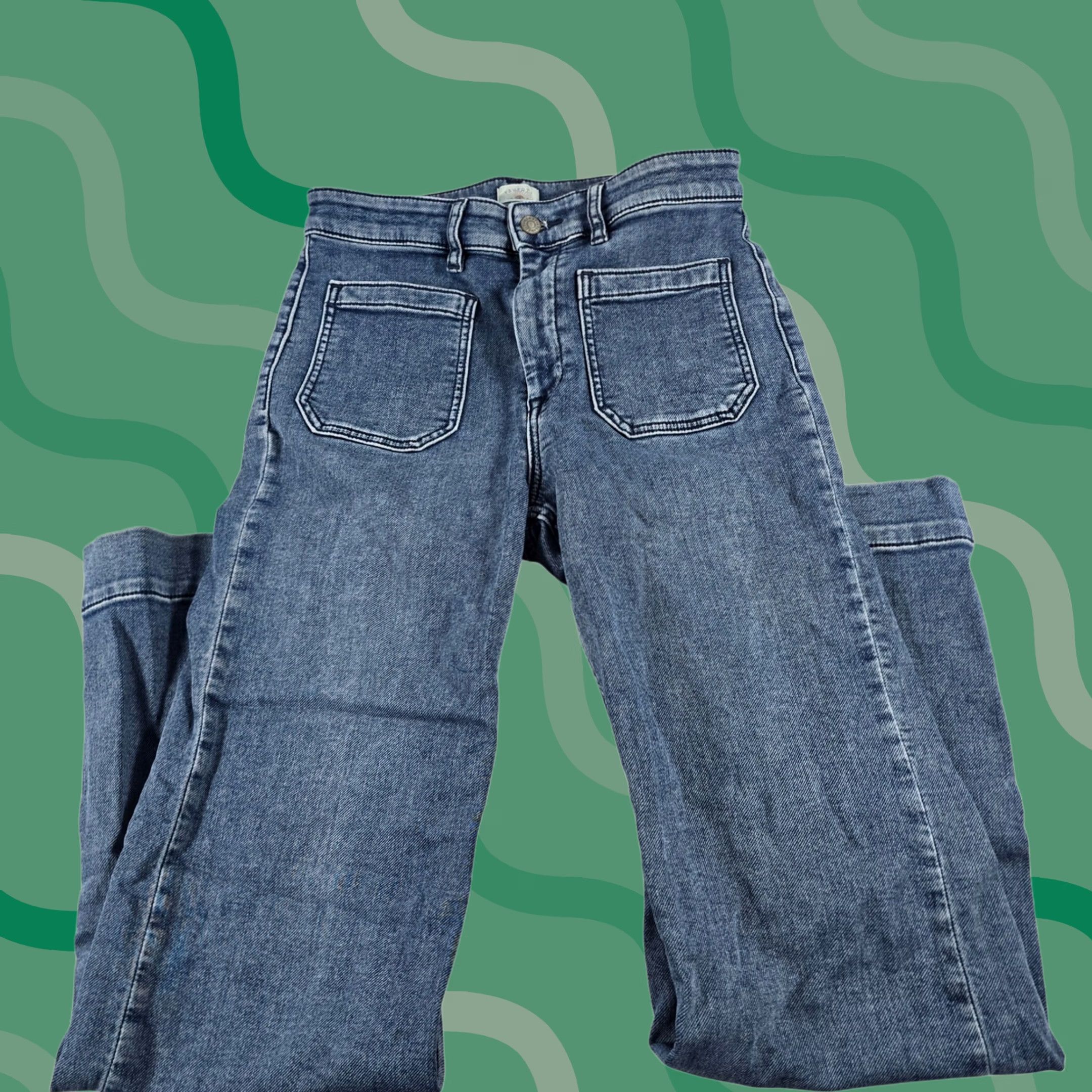 Faherty Faherty Women Blue Wide Leg Jeans Size 29 Stretch Denim Patch Pocket Button Zip Size 29" - 1 Thumbnail