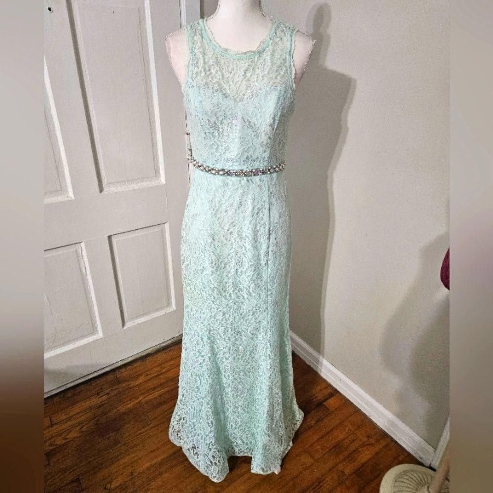 Elegant Mint Green Lace Evening Gown