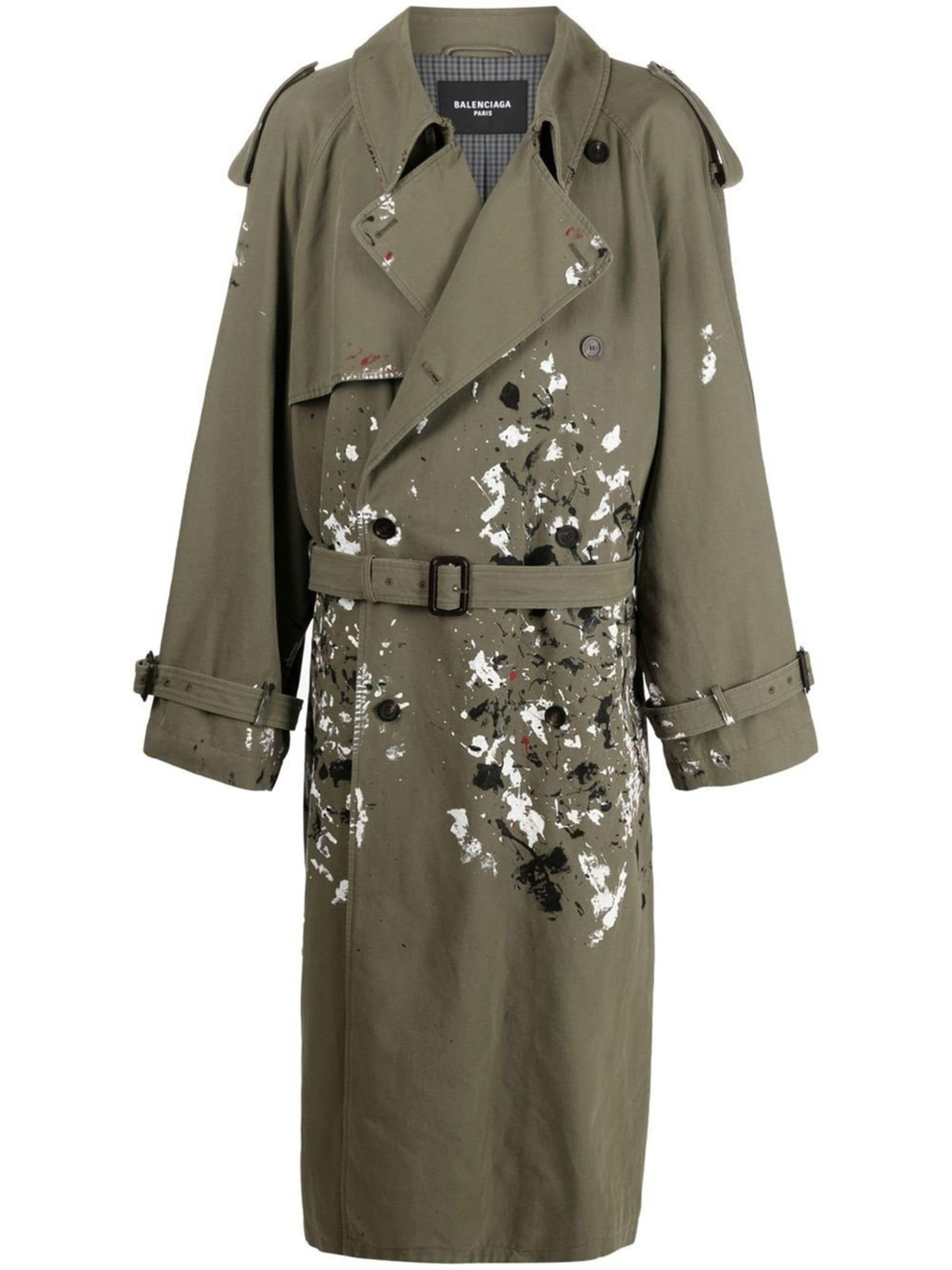 image of Balenciaga Artist Paint Splatter Trench Coat in Khaki, Men's (Size Large)