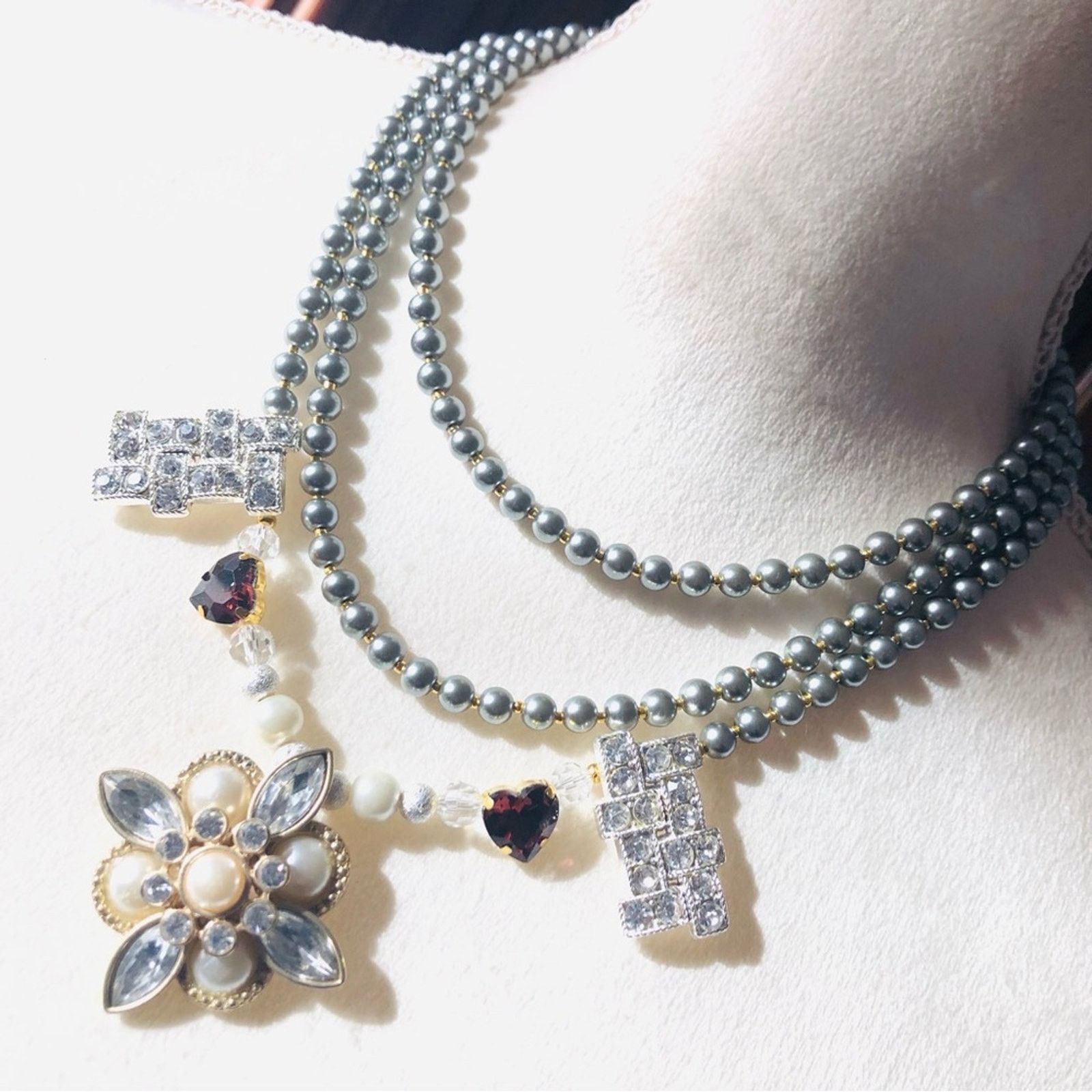 Handmade Handcrafted repurpose faceted gem Czech glass Pearl necklace Size ONE SIZE - 1 Thumbnail