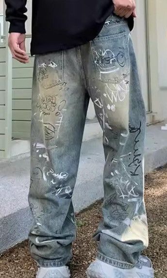 Jean Graffiti-Print Wide-Leg Denim Pants | Oversized Streetwear Size US 30 / EU 46 - 7 Thumbnail