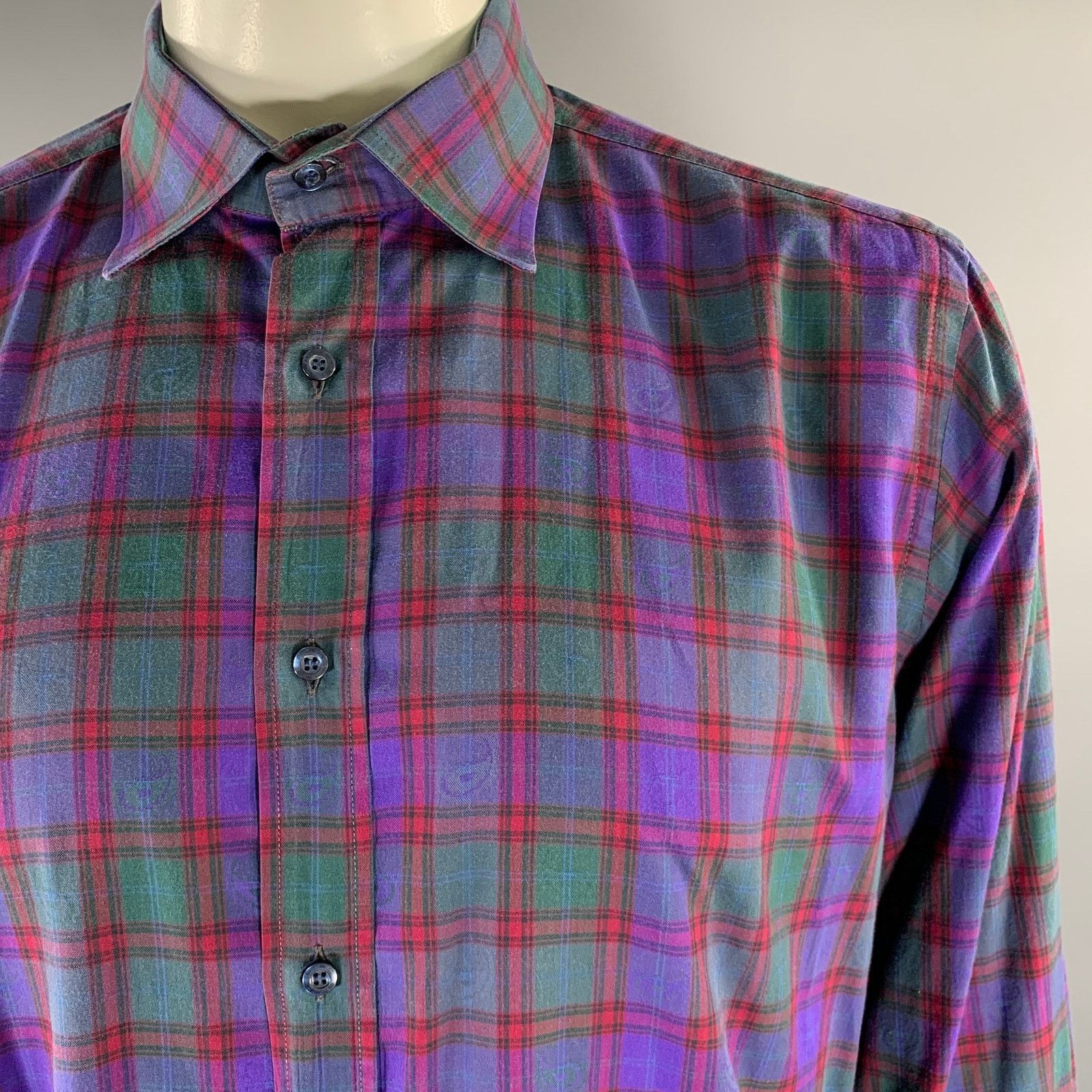 Etro ETRO XL Purple Red Green Plaid Pointed Collar LS Shirt Size US XL / EU 56 / 4 - 2 Thumbnail