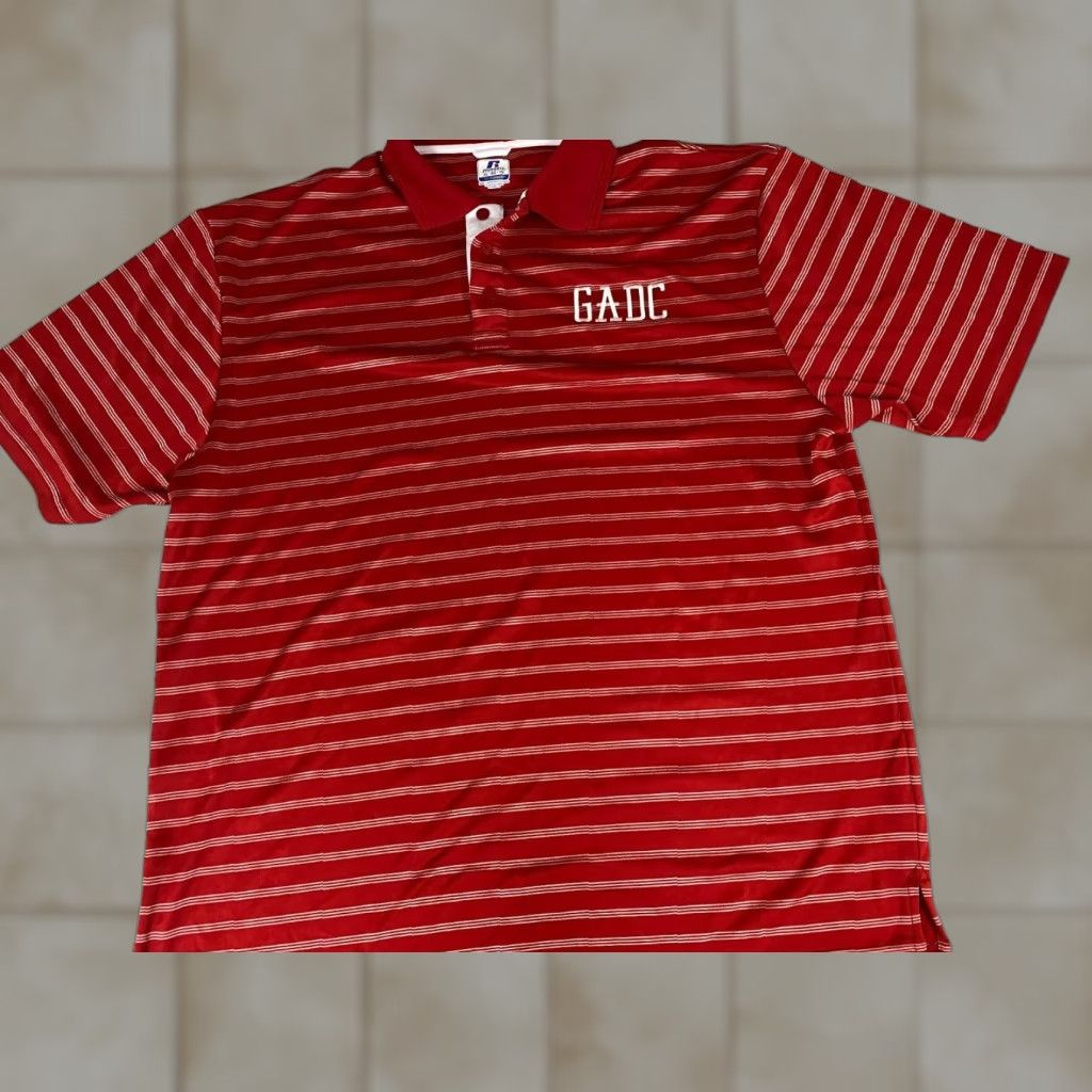 Vintage Russell Polo Shirt XL Red Striped Dri-Power Mens Short Sleeve Button-Down Collared 100% Cotton Sports Golf Breathable Athletic Logo Vintage No Size US XL / EU 56 / 4 - 1 Thumbnail