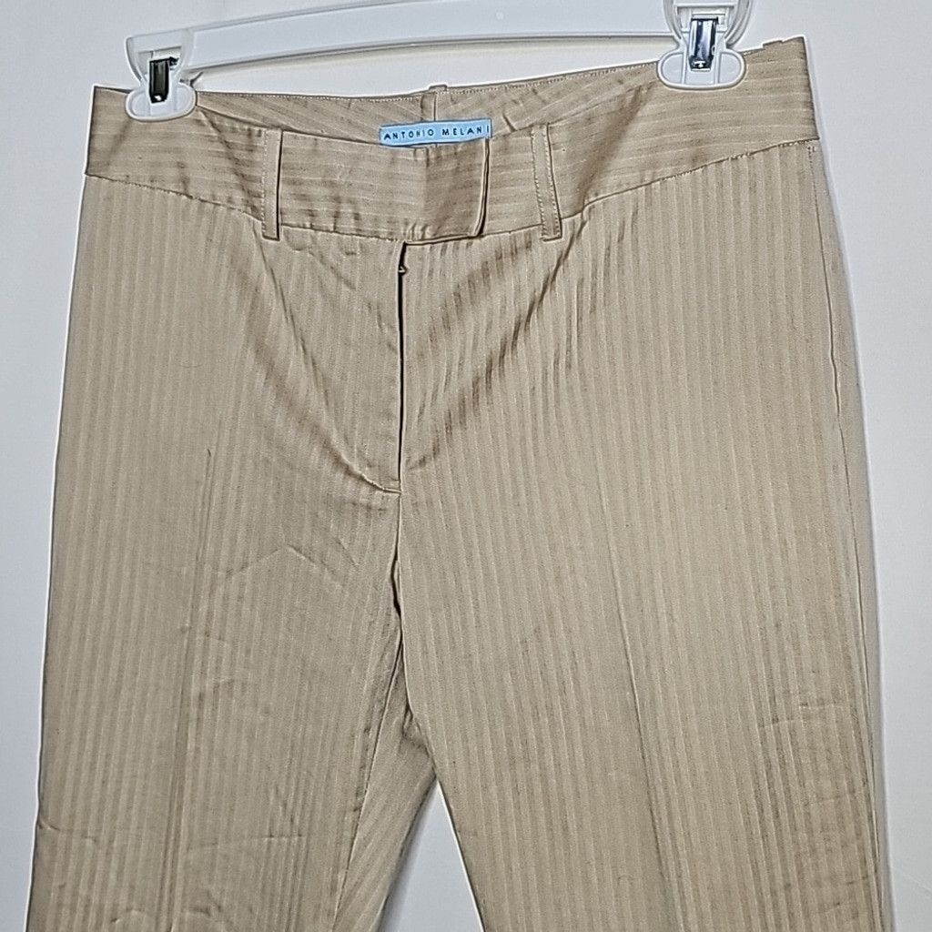 Antonio Melani pinstripe tan 2 pc pants blazer suit set sz 8