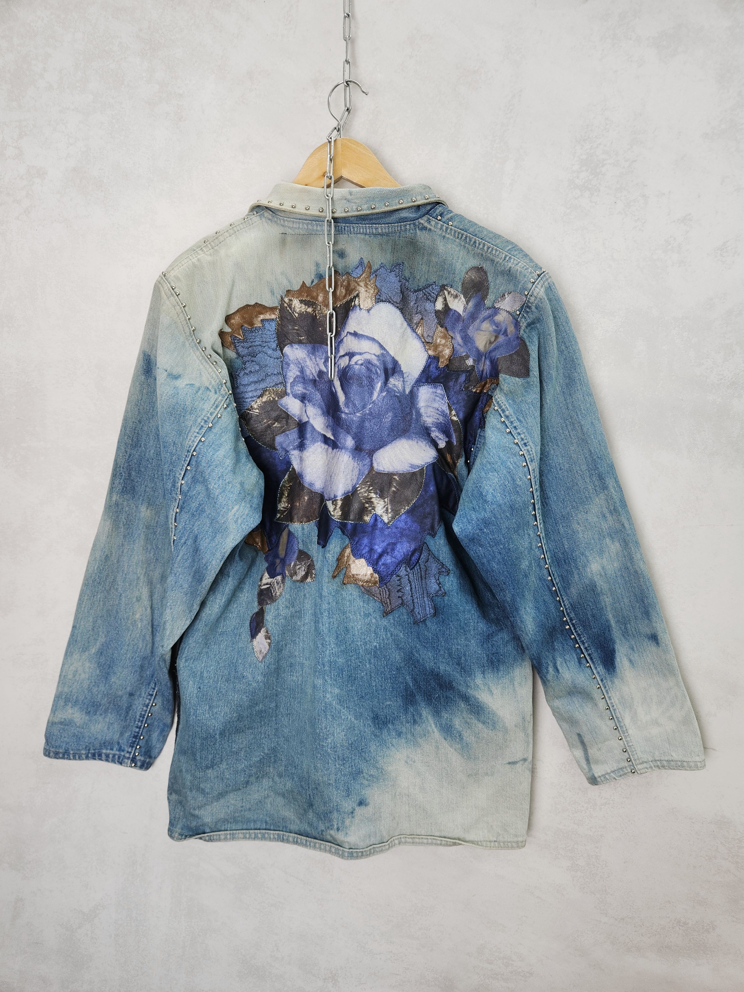Roberto Cavalli 80s Roberto Cavalli denim jeans jacket leather flowers Size L / US 10 / IT 46 - 9 Thumbnail
