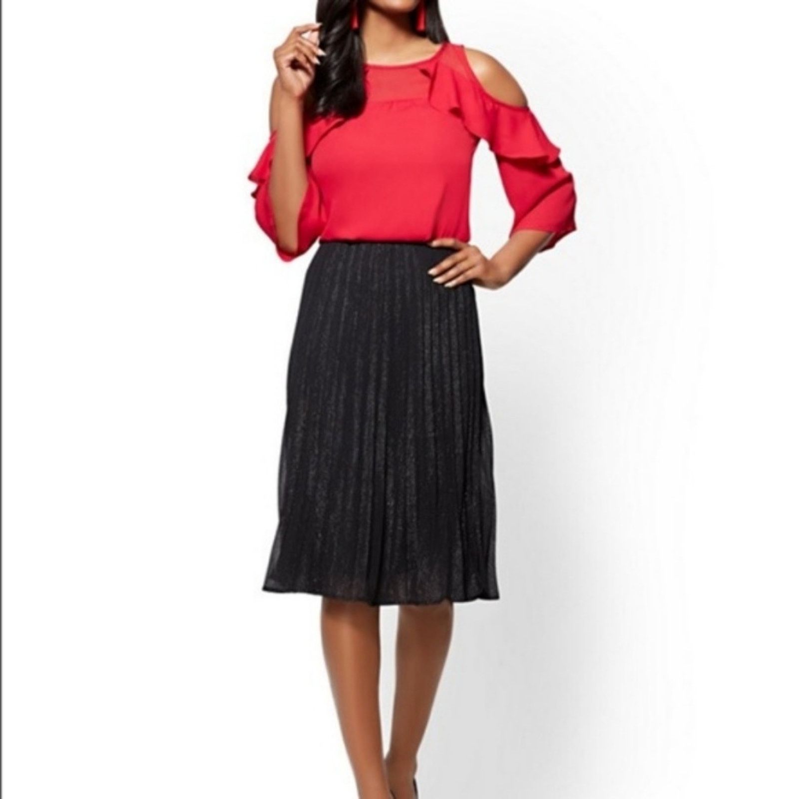 Other New York & Company Black Metallic Pleated Midi Skirt Size 28" / US 6 / IT 42 - 4 Thumbnail