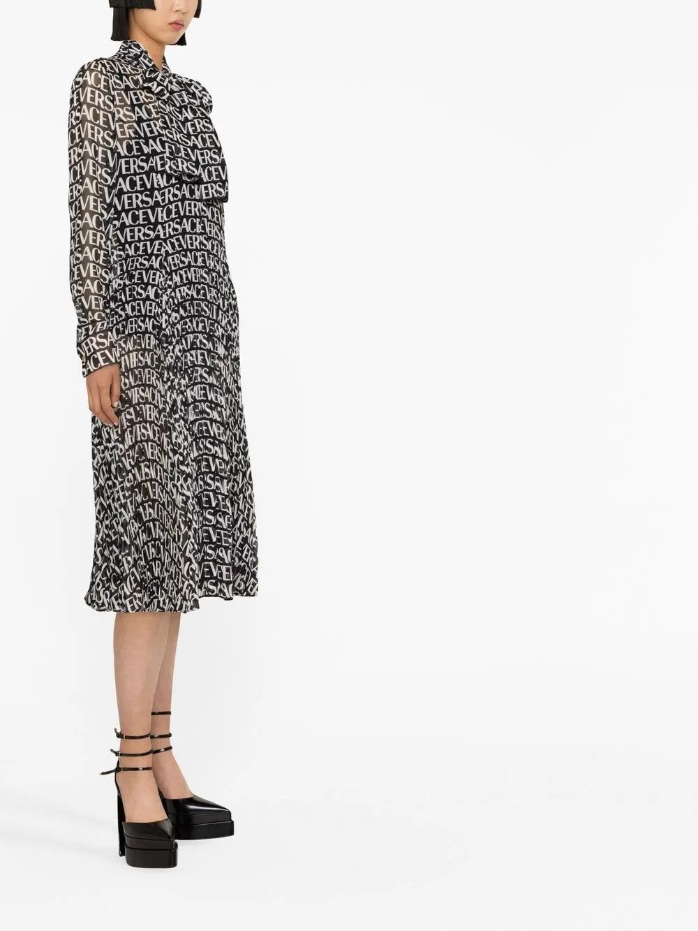Versace o1y0226 Silk Midi Dress in Black/White Size XS / US 0-2 / IT 36-38 - 2 Thumbnail