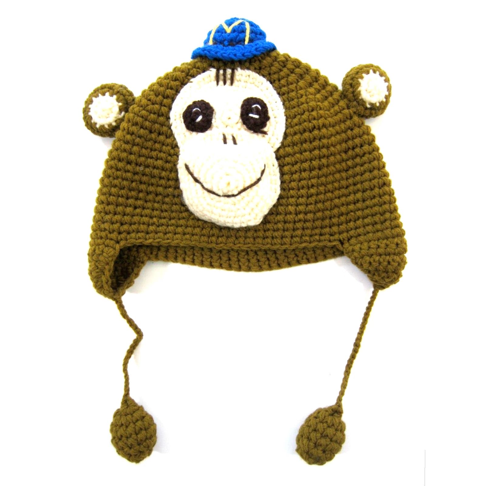 Vintage Handmade Beanie Hat Adult Large Brown Monkey Blue Warm Cozy Cable Knit 100% Cotton Unisex Size ONE SIZE - 2 Thumbnail
