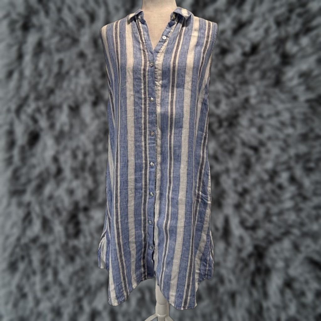 Vintage Blue Linen Striped Shirt Dress Small Sleeveless Pockets Preppy Womens Size S / US 4 / IT 40 - 1 Thumbnail