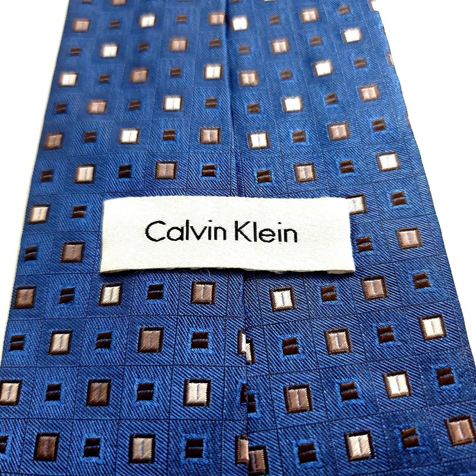Calvin Klein Calvin Klein Blue Tan Woven Geometric Wide Silk Tie Size ONE SIZE - 3 Thumbnail